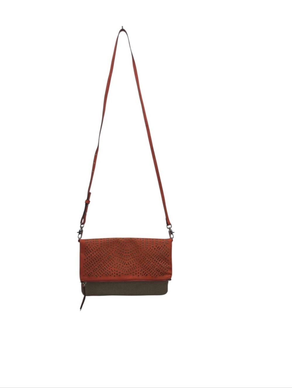 Stella & Dot Foldover Crossbody Bag Orange Khaki Laser Cut Convertible Clutch